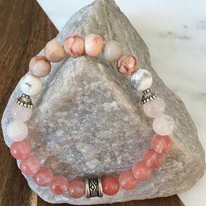 Handmade Stretch Howlite - Rose Quartz - Jasper - Cherry Quartz Beaded Bracelet‎